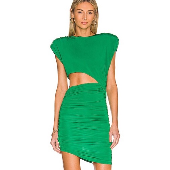 RONNY KOBO Shoulder Pad Side Cut-Out Ruched Mini Kyle Dress in Green - Picture 1 of 9